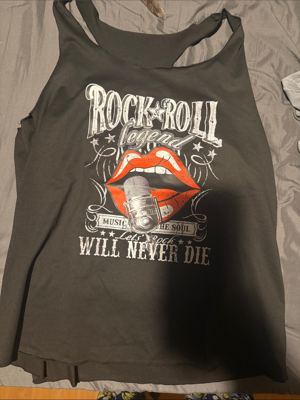 SHEIN Black Tank Top with Red Lip & Silver Microphone Graphic